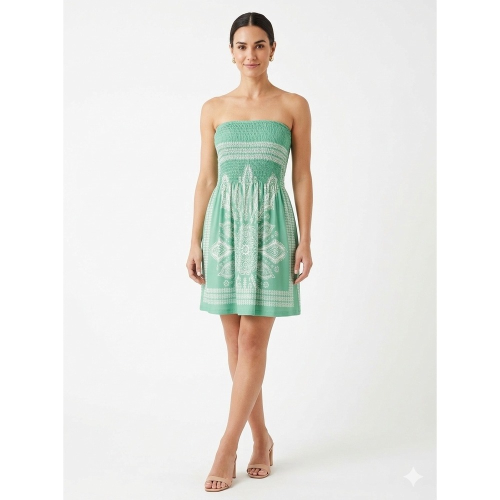 Venus Tube Dress Green Medallion Smocked Strapless - Small